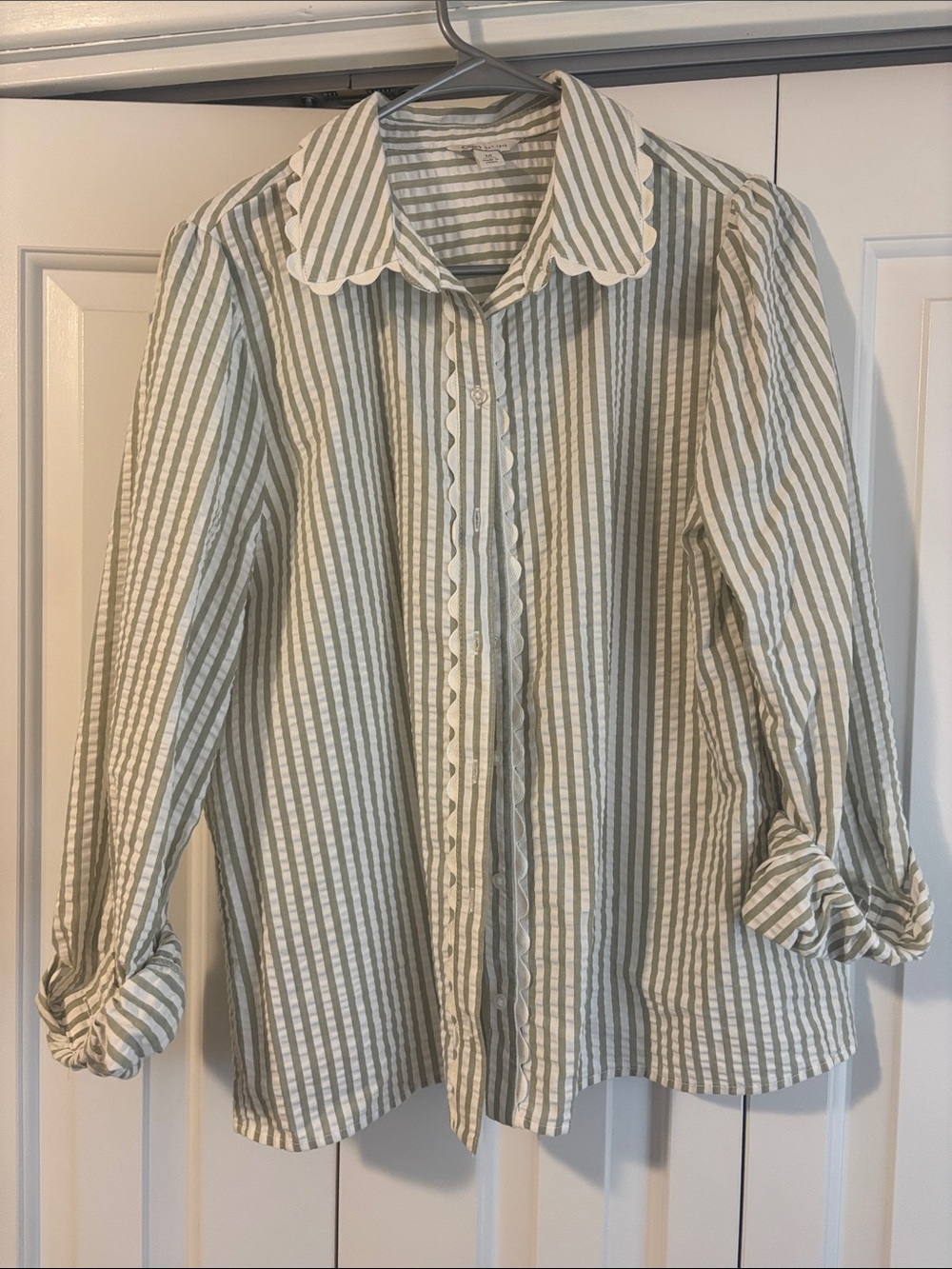Green & White Striped Button Down w/ Scallop Detail